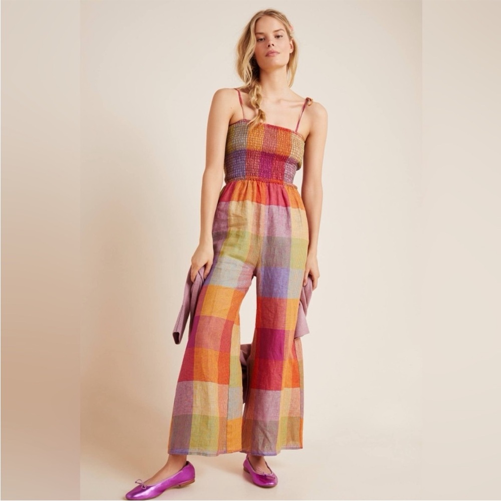 Anthropologie DRA Rainbow Plaid Madras Sierra Smocked Linen Jumpsuit